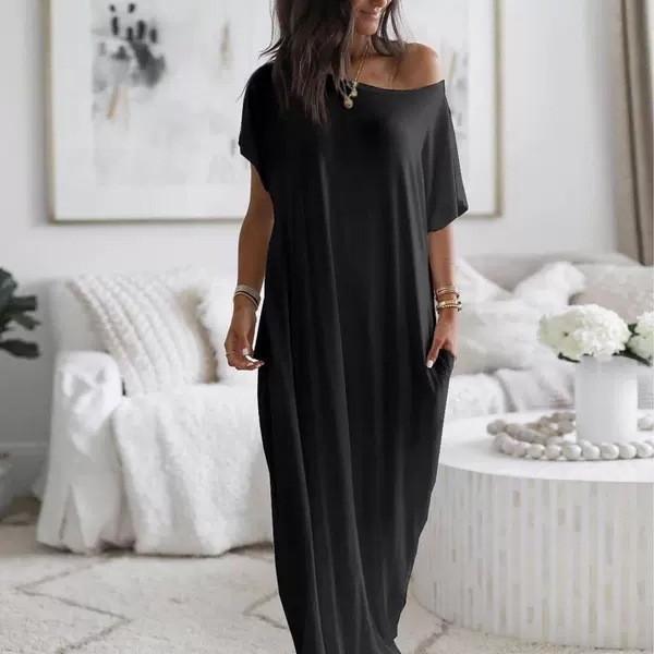 Women's Off Shoulder Loose Fit Maxi Dress Casual Short Sleeve Pocket Loungewear Dress