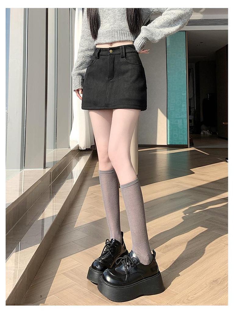 Retro Coffee Suede A-line Mini Skort for Women - Autumn/Winter High Waist Slimming Design