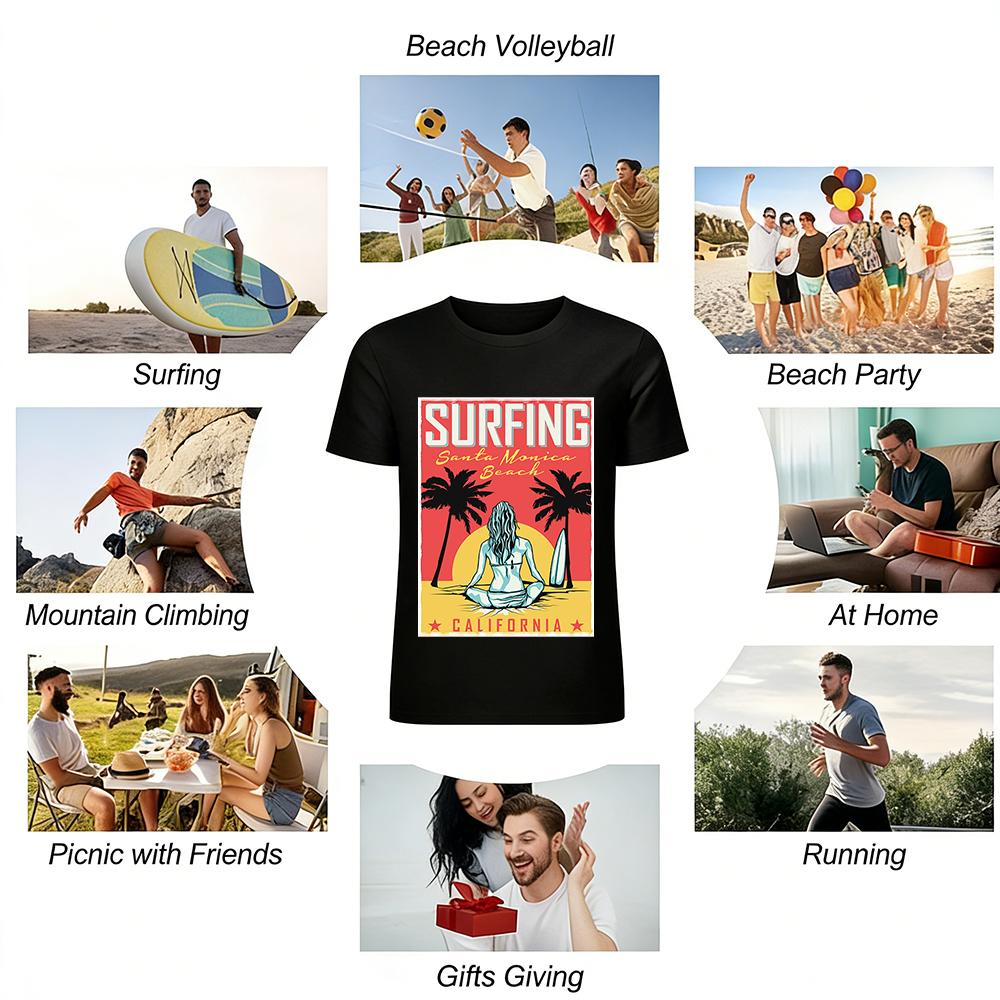 Surfing Santa Monica Beach California Graphic Casual T-Shirt Pure Cotton T-shirt