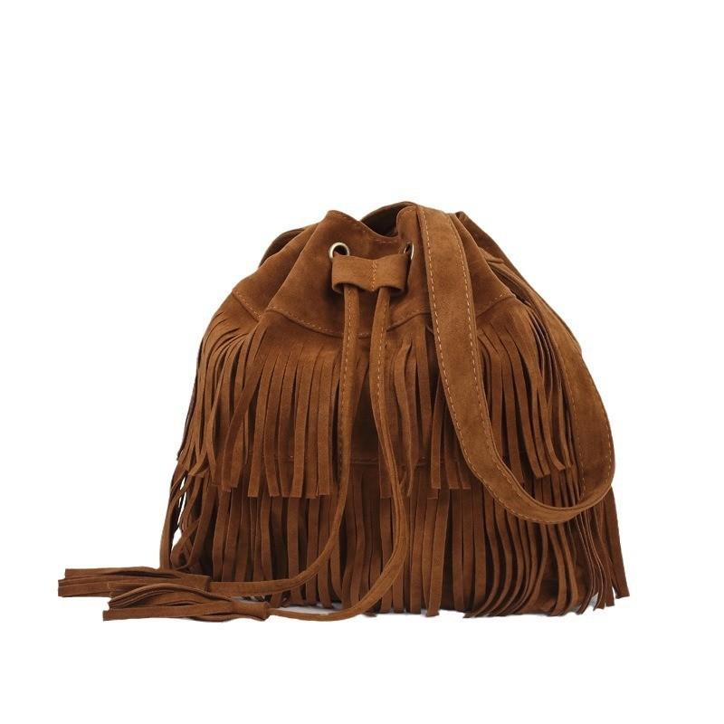 Solid Color Tassels Simple Style Pu Water Bucket Bag Drawstring Closure Travel