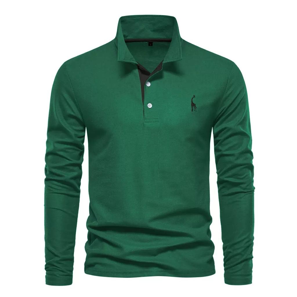 Trend Hub New Men's Deer Embroidery Polo Shirts Solid Color Long Sleeve Social Business Male