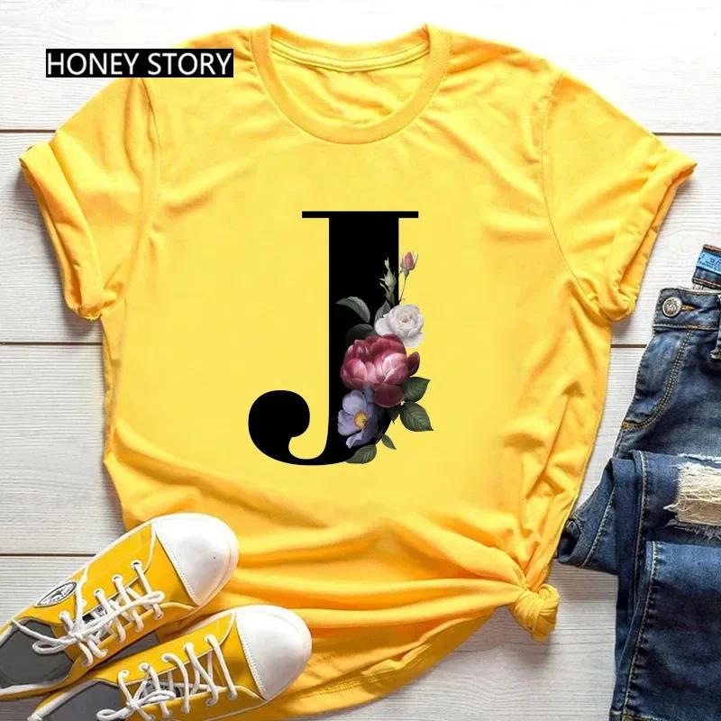 Women's Summer Short Sleeve T-Shirts Fashionable Casual Round Neck 26 English Letters Flower & Name Letter Printed Cotton T-shirts