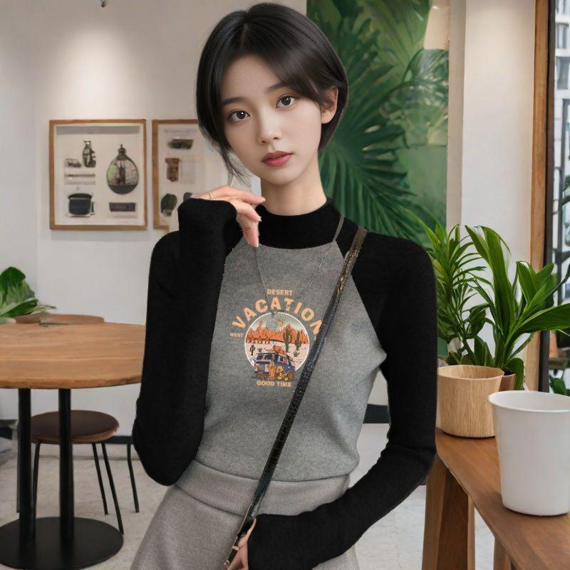 

Women s Chic Velvet Raglan Color Block Slimming T-Shirt with Stand-Up Collar M [90-105 lbs]