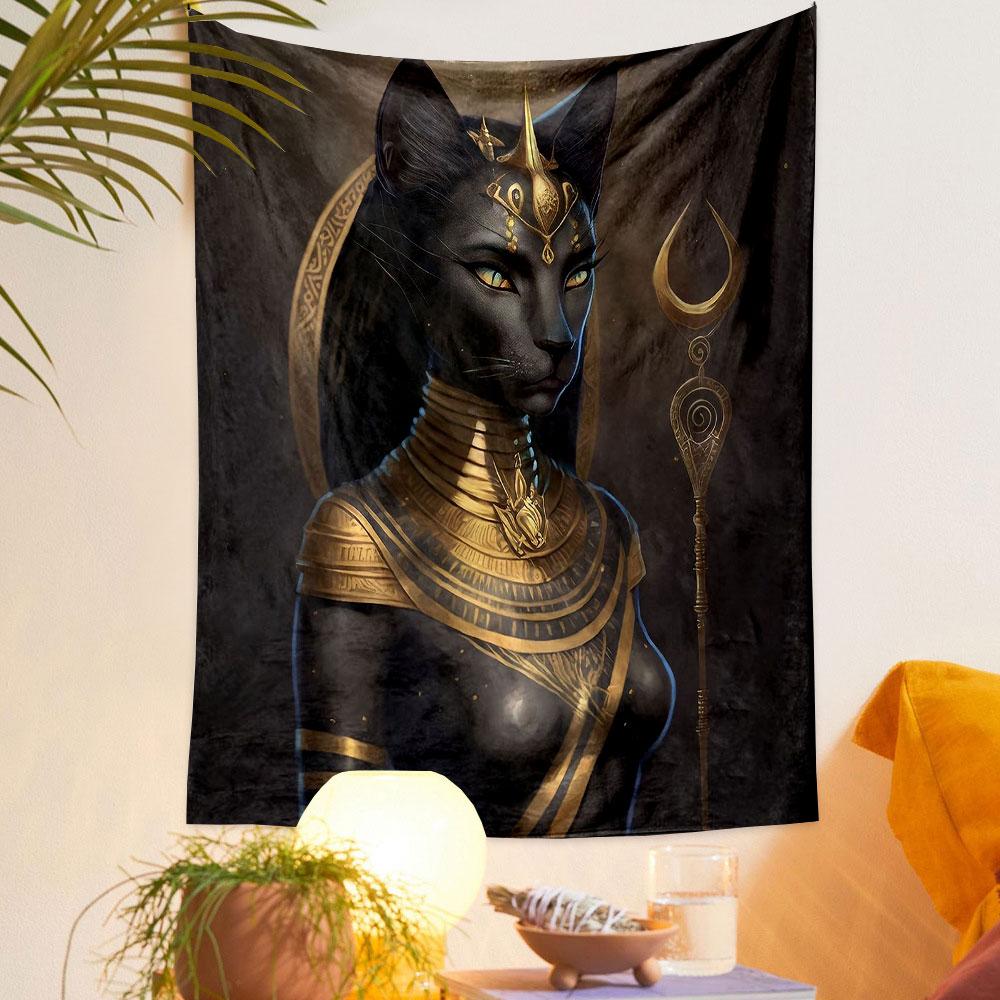 "Ägyptische Katzengöttin mit Goldakzenten" Gemustertes Wandteppich Heimdekoration, geeignet für Schlafzimmer und Wohnzimmer, Geschenk