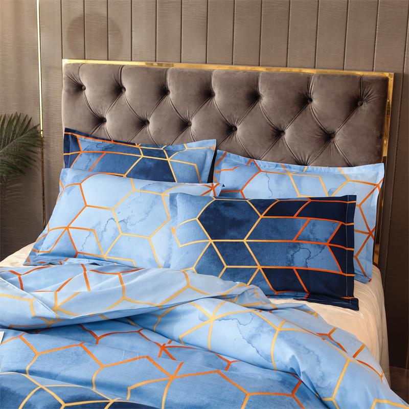 Blue Duvet Cover Collection  3Pcs Geometric Luxury Comforter Cover Blue Honeycomb Diamond Bedding Gilt Gold Bedding Collection With Zipper