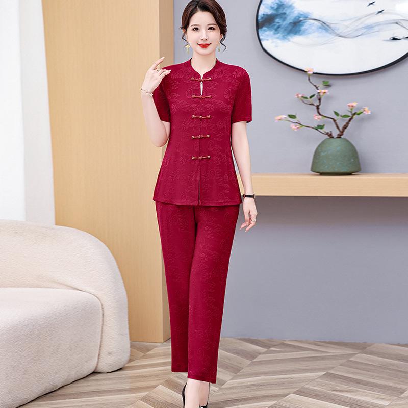 Middle-Aged Women's Jacquard Silk Two-Piece Summer Set - Short-Sleeved Chinese National Style