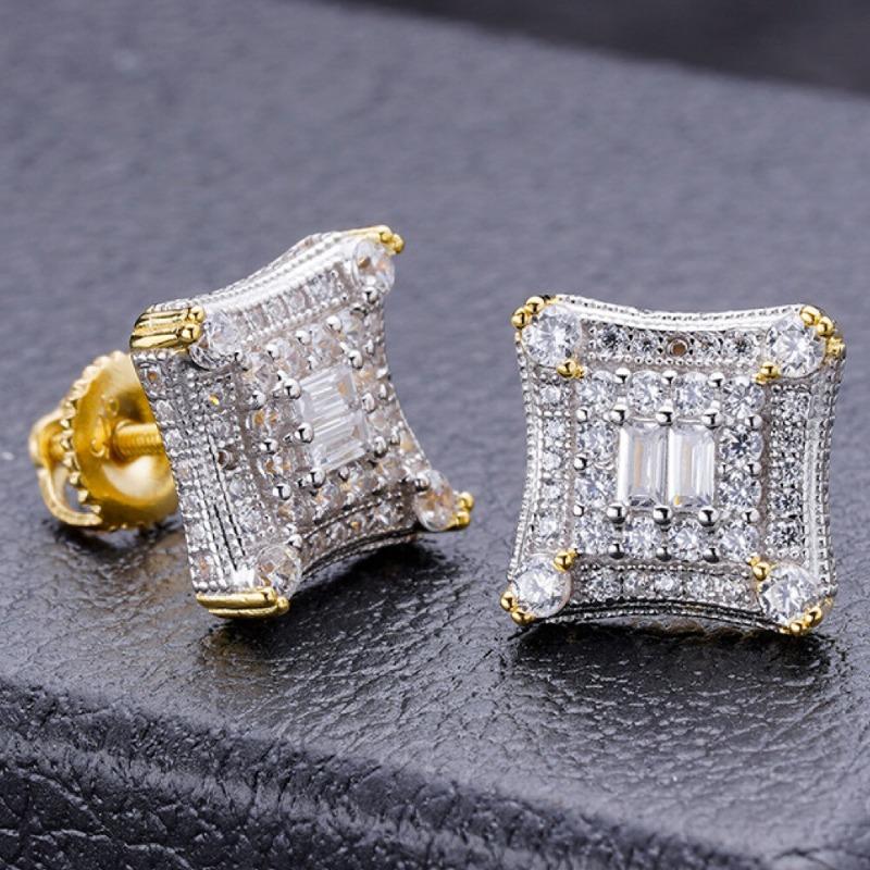 Hip Hop Golden Plated Inlaid Synthetic Zirconia Square Stud Earrings for Men Women Party Daily Versatile Jewelry Crafts