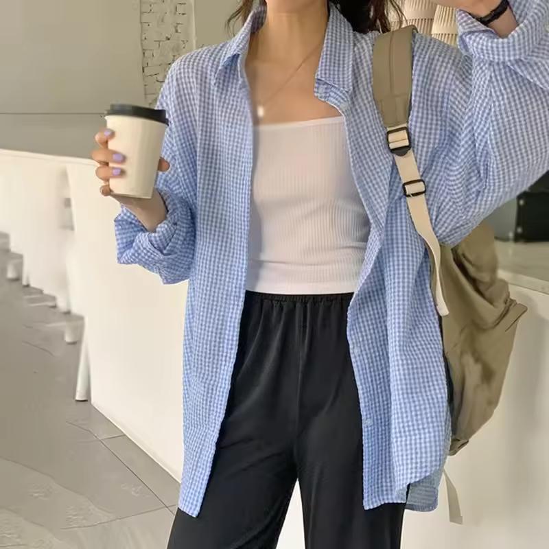 

Женская летняя рубашка с длинными рукавами и солнцезащитным кремом, свободная повседневная однобортная рубашка с отложным воротником в клетку XL синий