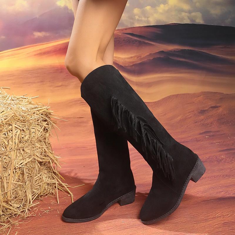 Size 36-43 Thick Heeled Pointed Suede Mid Heeled Boots for Women Autumn and Winter Tassel British Style Mid Heeled Long Boots