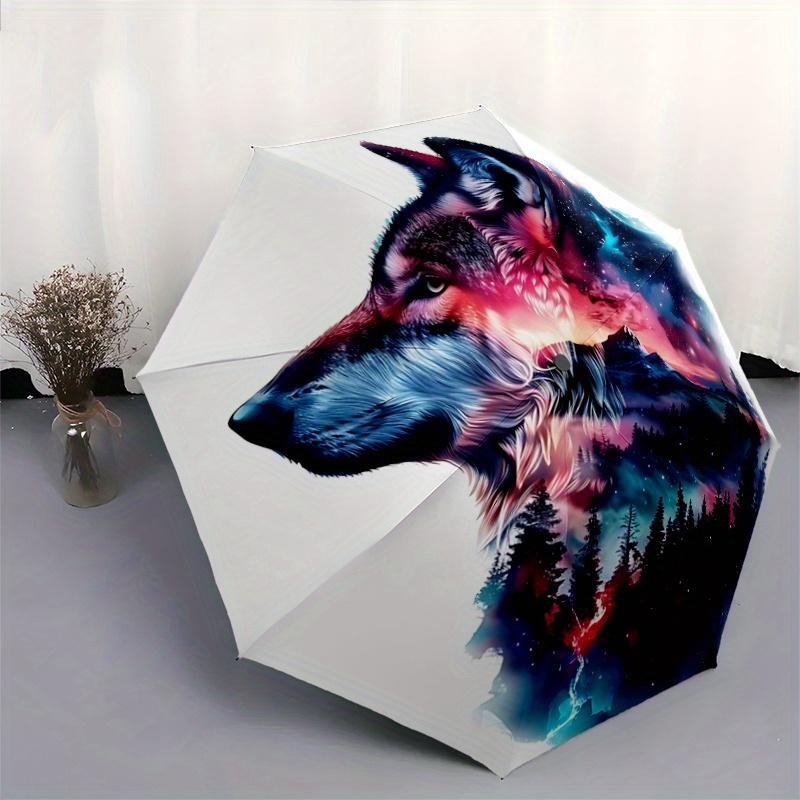 1pc Galactic Wolf Automatic Folding Umbrella - 3 Folding Design, Vivid Cartoon Pattern, Suitable for Outdoor Activities, A Gift for Fans In All S