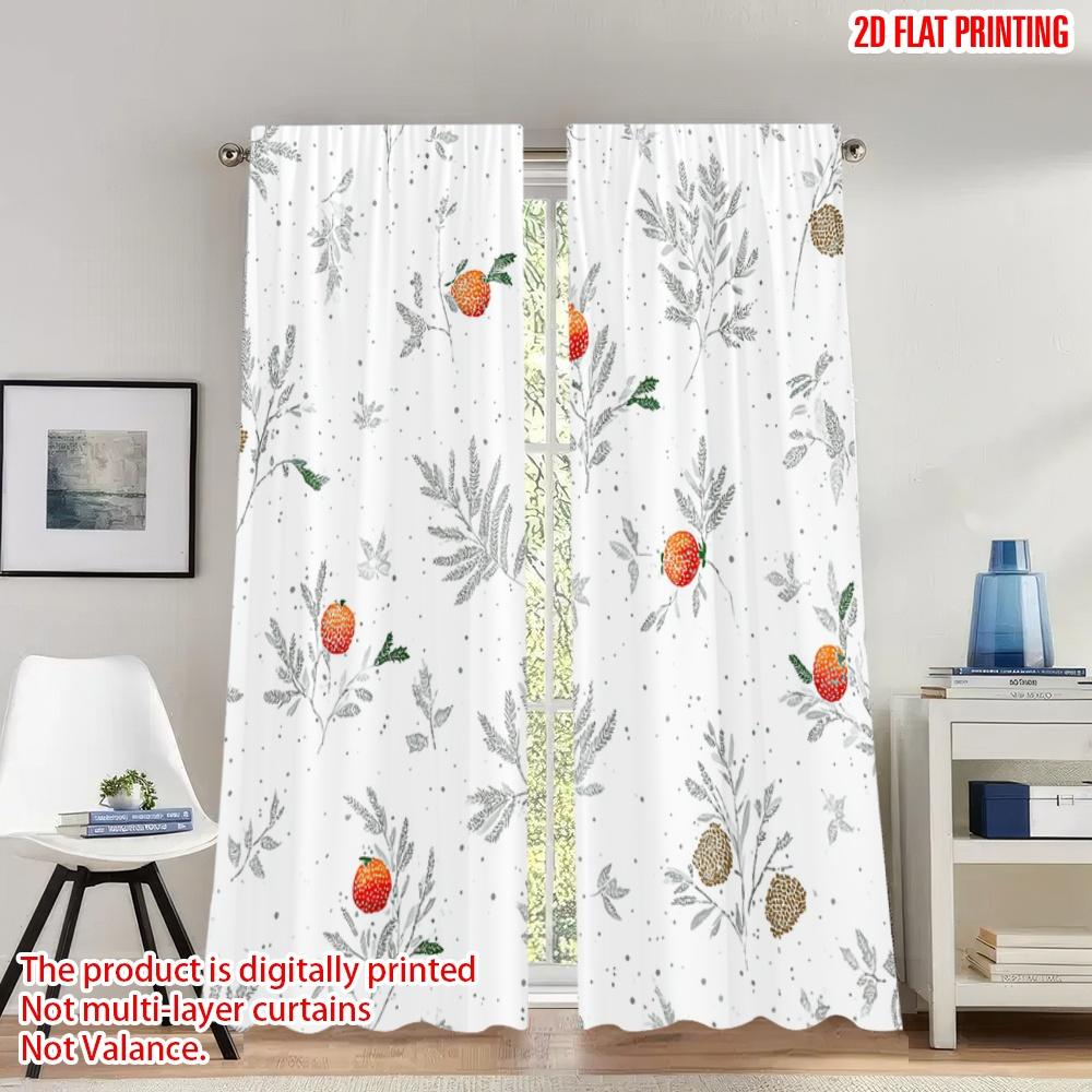 

Flat Printing Merry Christmas Curtains Winter Branches Ornaments Digital Printed Polyester Drapes Festive Wall Set Of 2 Made W100*H70(CM)-Hooks&1PCS