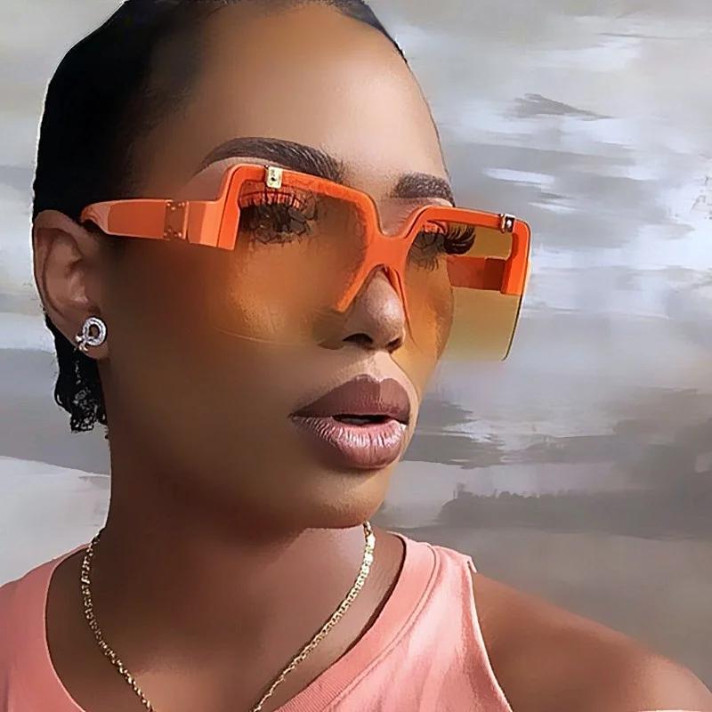 Unique Half Frame Flap Square Sunglasses For Women New Luxury Gradient Sun Glasses Men Oversized Hip Hop Uv400 Eyewear