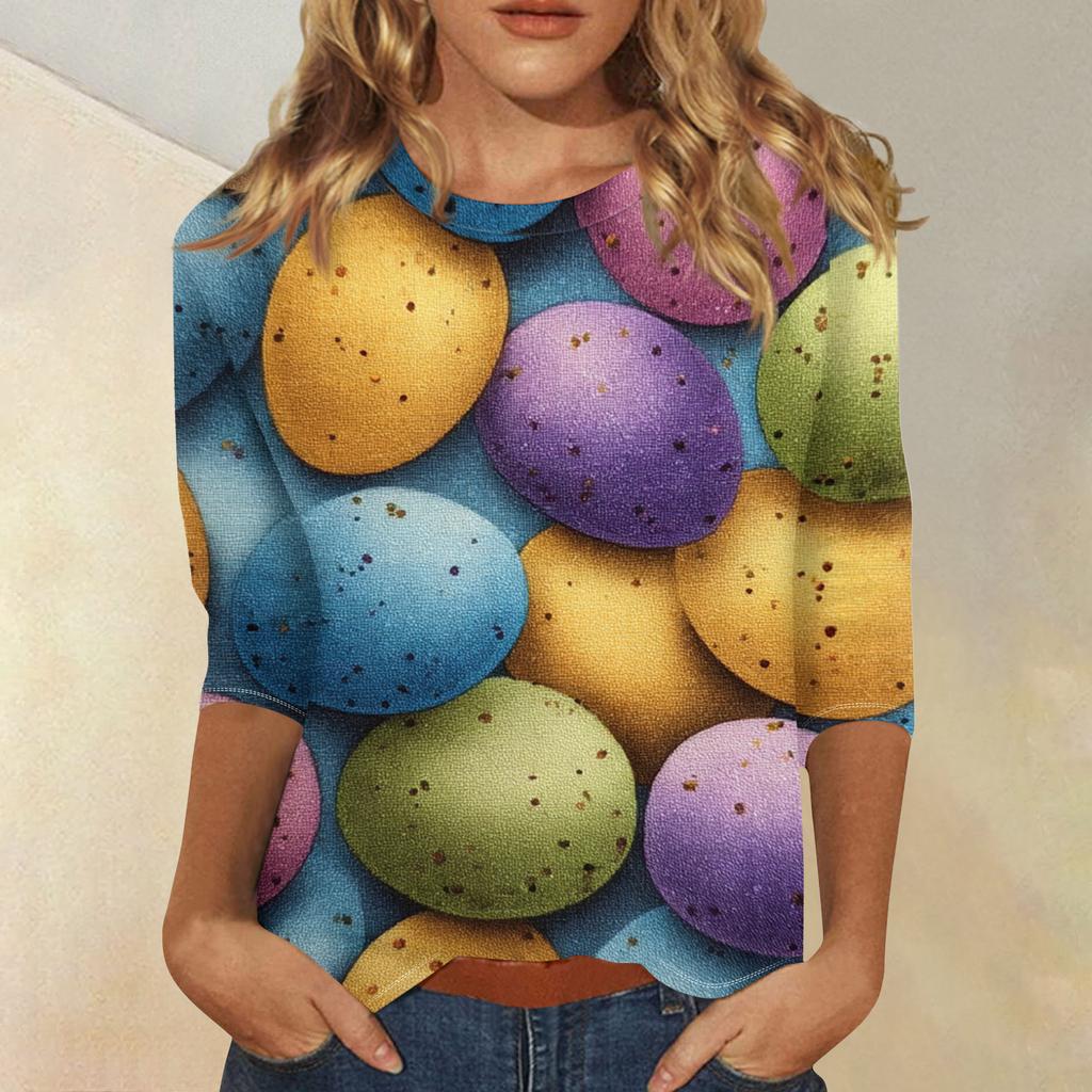 Women's Fashionable Casual Three-quarter Sleeve Easter Print Round Neck Pullover Top