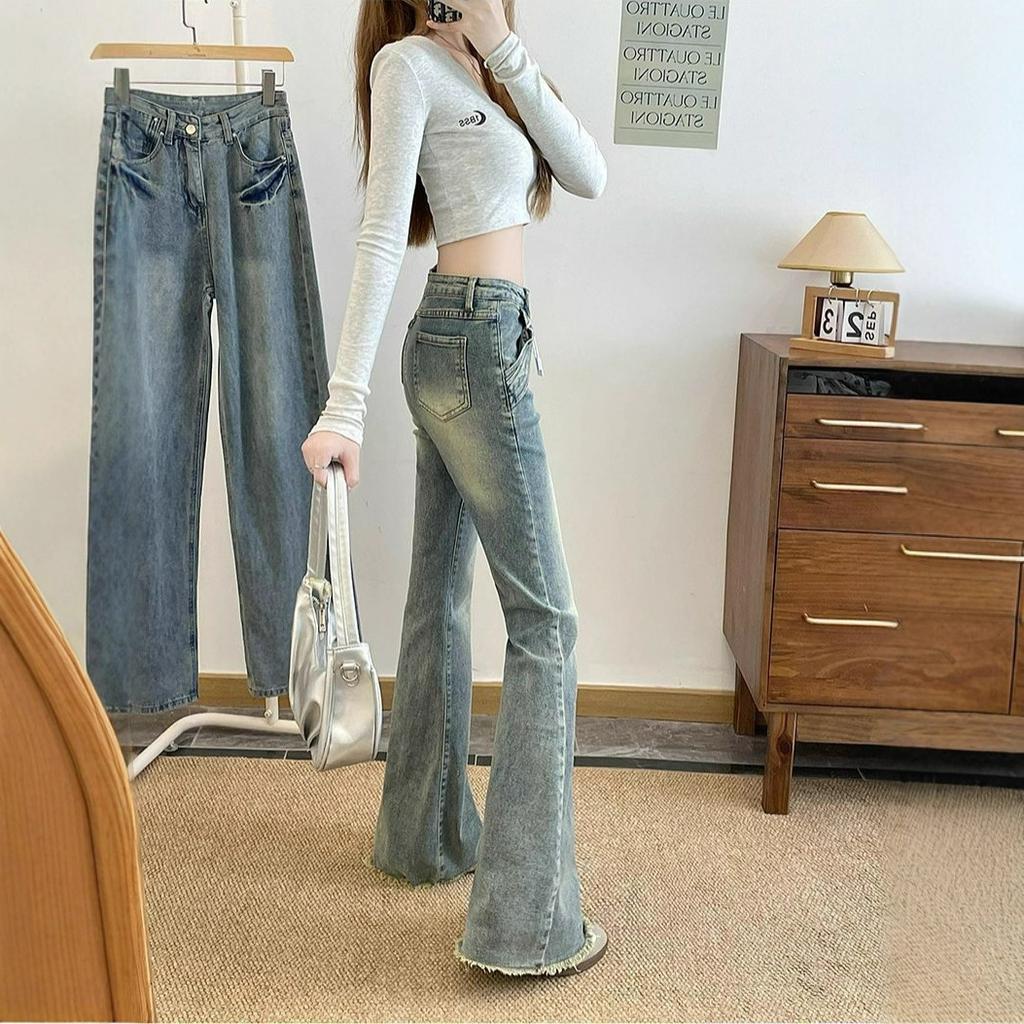 Raw Edges Autumn Micro Flare Jeans Female Big Size Slim Small People Hundred Show Skinny Trailing Trousers Jeans for Women Long Denim Pants