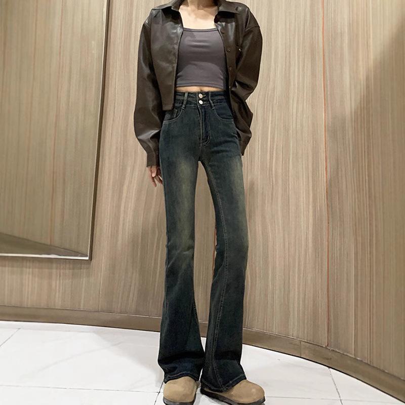 Cementově šedé dámské retro džíny s vysokým pasem, zeštíhlující délka až na zem, velikosti od S po plus size, na jaro a podzim.