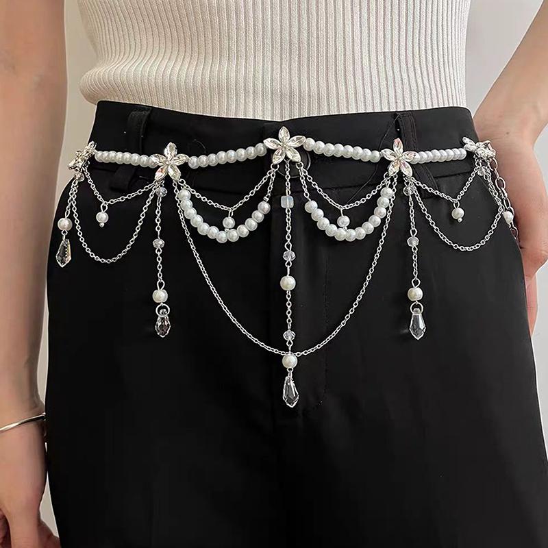 Blume Perlen Quaste Halskette Damen Sexy Perlen Mehrlagige Körperkette Elegante Taillenkette Für Strandoutfit Modeaccessoire