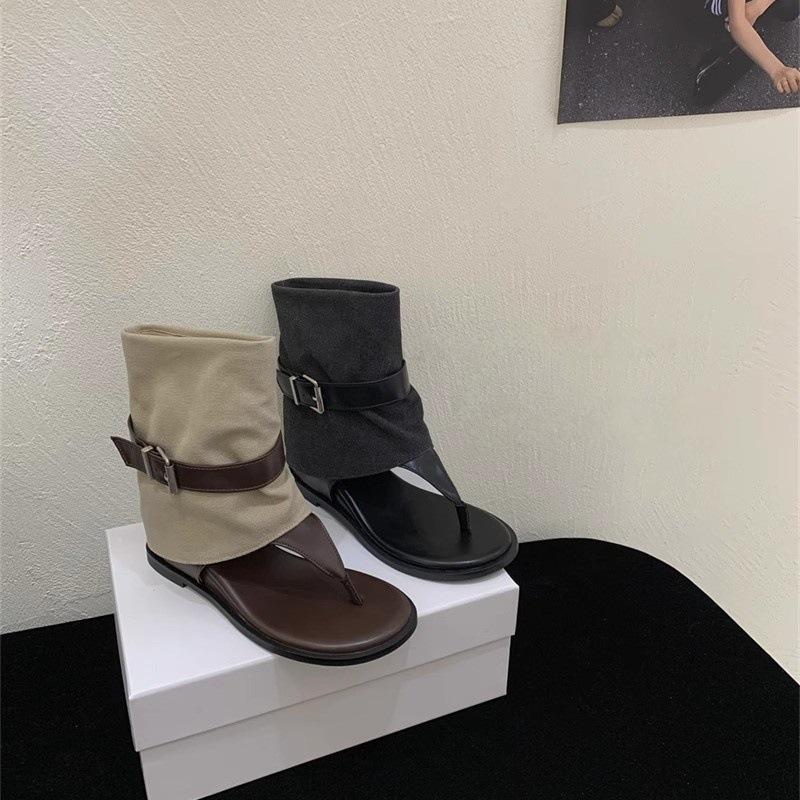 Retro Hong Kong style summer fashion cool boots casual belt buckle toe versatile short boots wedge heel shoes