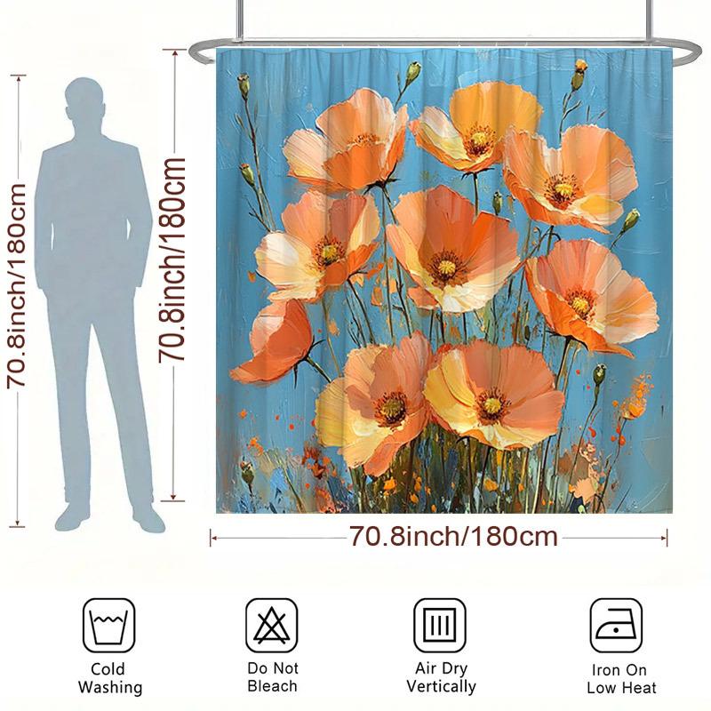 1pc Vibrant Orange Poppies Shower Curtain - Full Bloom, Bright Blue Sky, Polyester, 70.8x70.8In, 12 Hooks, Washable