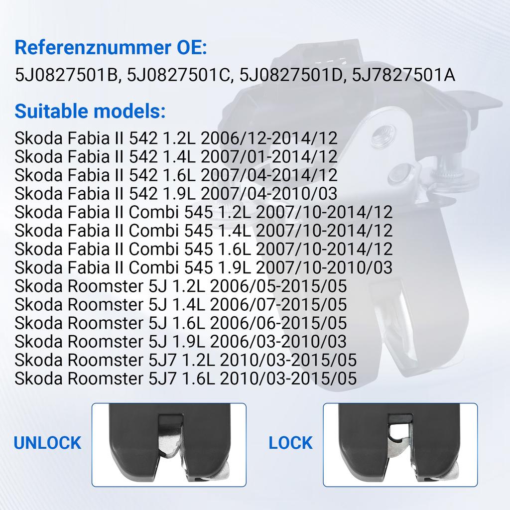 Tailgate Trunk Latch Mechanism Trunk Door Lock Actuator Fit for Skoda Fabia Roomster 2006-2015 5J0827501D 5J0827501B 5J0827501C