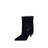 2025 Autumn and Winter New Models, European and American Style Belt Buckle Suede Pointed Head High Heel Thin Heel Short Boots, Thin Trouser Leg Boots