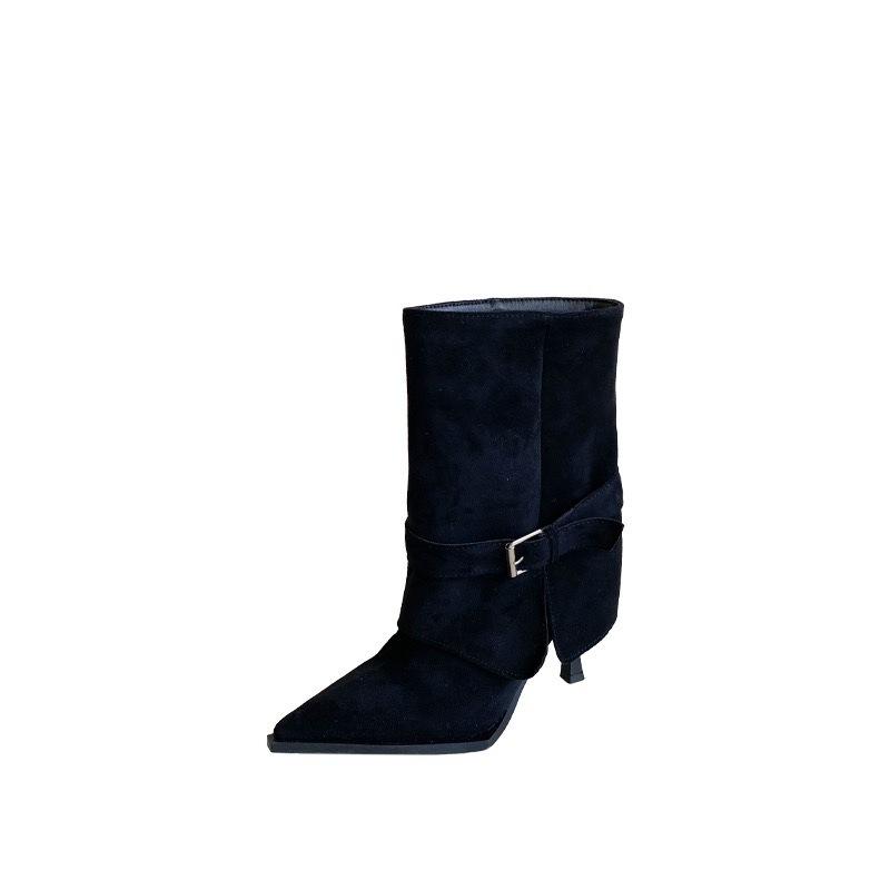 2025 Autumn and Winter New Models, European and American Style Belt Buckle Suede Pointed Head High Heel Thin Heel Short Boots, Thin Trouser Leg Boots