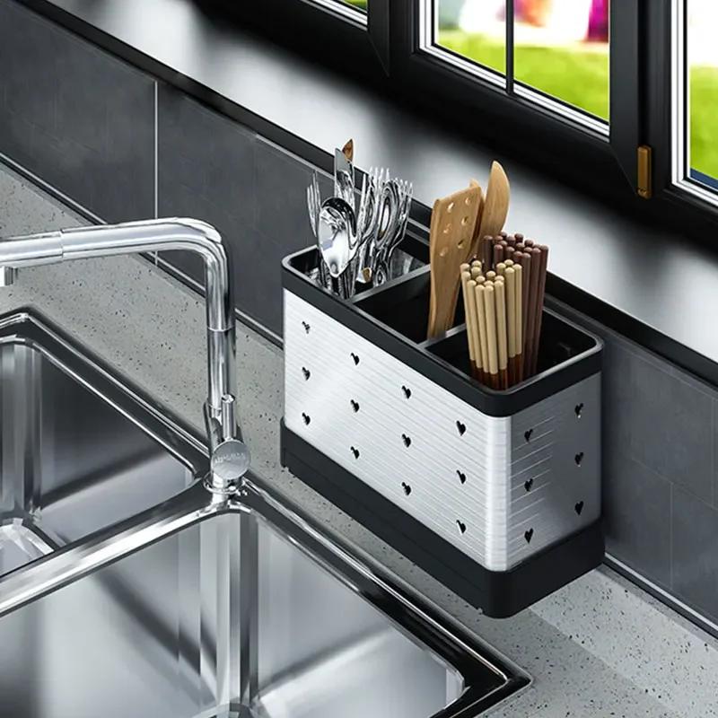 Stainless Steel Tableware Spoon Storage Holders Wall-mounted Chopsticks Racks Basket Drain Household  Kitchen Shelf Accessories