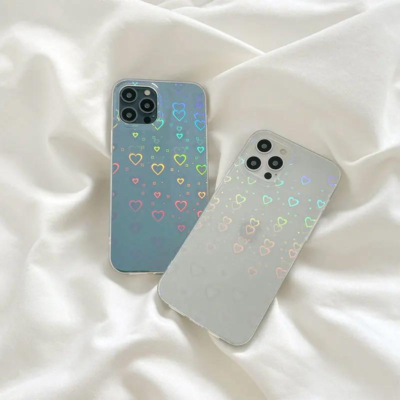 Fashion Gradient Laser Love Heart Pattern Clear Phone Case For iPhone 11 12 13 Pro Max X XS XR 7 8 Plus SE 2020 Shockproof Back