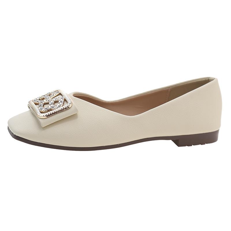 Fashion Single Shoes Women's Flat Bottom Shallow Mouth Summer New Round Head Soft Sole Soft Surface Square Head Rhinestone One Pedal Ladyshoes