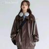 Blue Beryl Women's Faux Leather Jacket/Blouson, PU Leather, Loose Fit, Zip-Up, Warm, Lined, Brown, BB052-BR-2XL