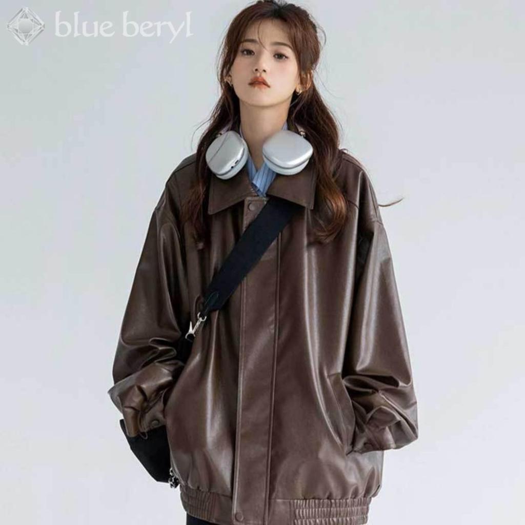 Blue Beryl Women's Faux Leather Jacket/Blouson, PU Leather, Loose Fit, Zip-Up, Warm, Lined, Brown, BB052-BR-2XL