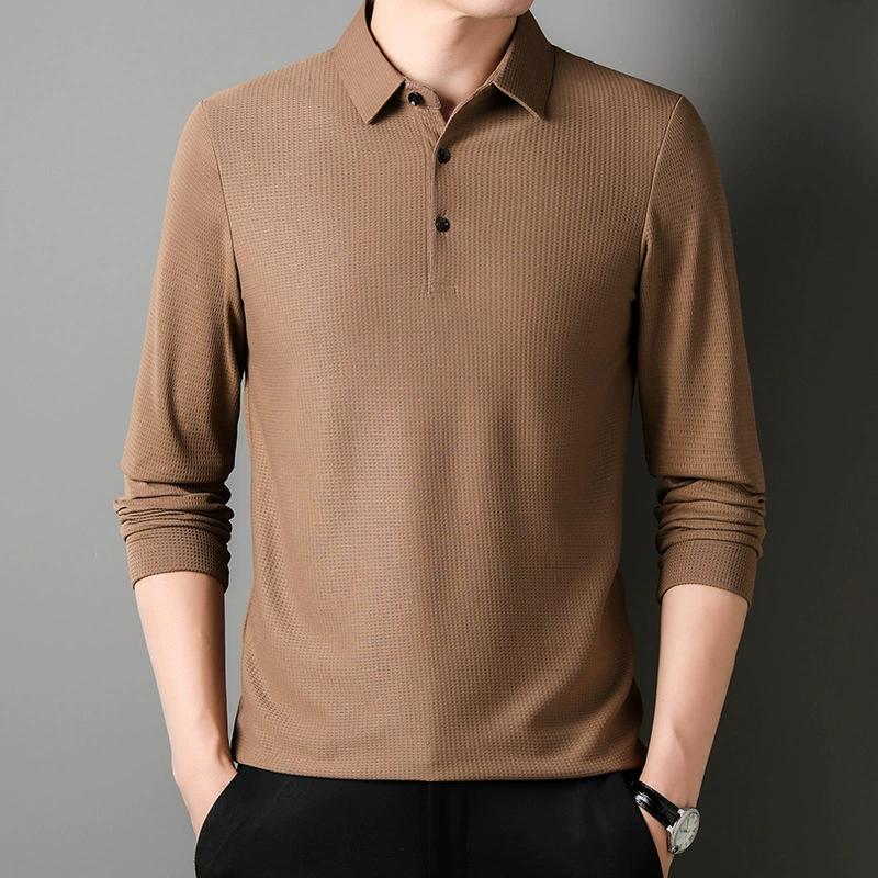 Men's Solid Color Long Sleeved Waffle Polo Shirt Long Sleeved T-shirt Polo Shirt Men