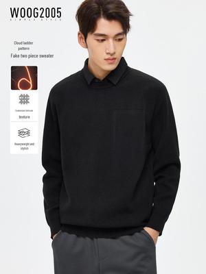 WOOG2005 Herren Schwarz Faux Zweiteiler Pullover mit Hemdkragen, 2025 Herbst/Winter Revers Lässig Strickware