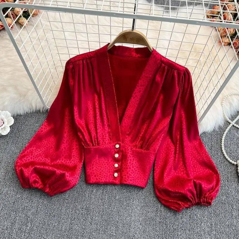 WTEMPO Long Sleeve Stain Blouses Women Korean Leopard Print Long Lantern Sleeve V-neck Shirts New Casual Cropped Tops