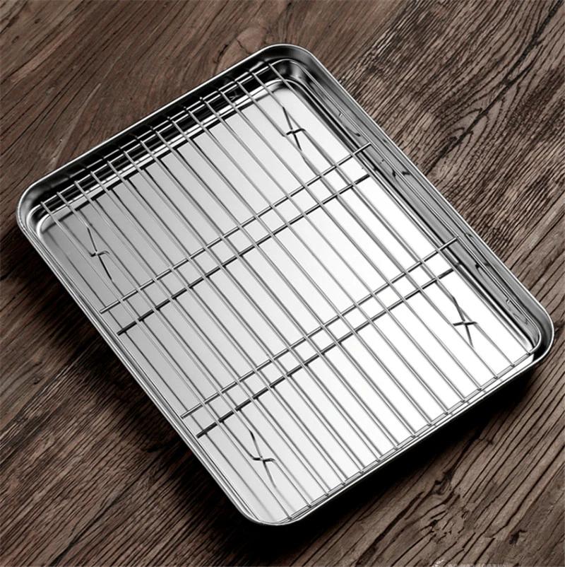 Baking tray With Wire Rack 304 Stainless Steel cake Baking BBQ Pan Tray plate Oven brownie Rack Cooking Roasting Grilling Tool