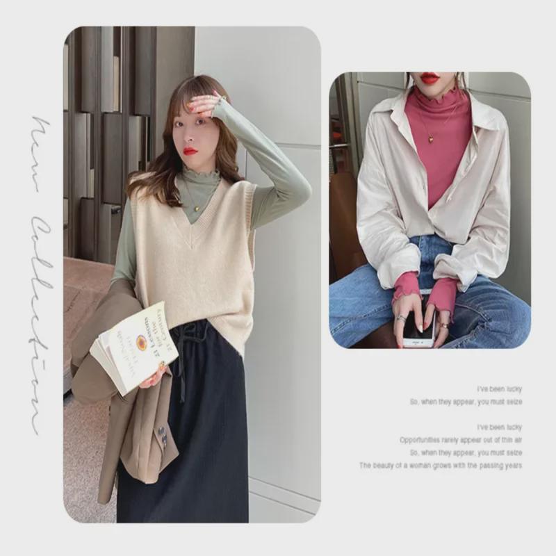 German Velvet Ladies' Half-High Collar Knit T-Shirt with Wood Ear Edge - Solid Color Long-Sleeve for Spring, Autumn, and Winter 2024.