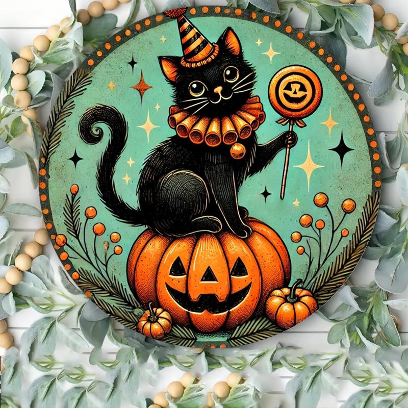 Vintage Halloween Clown Cat Round Aluminum Sign