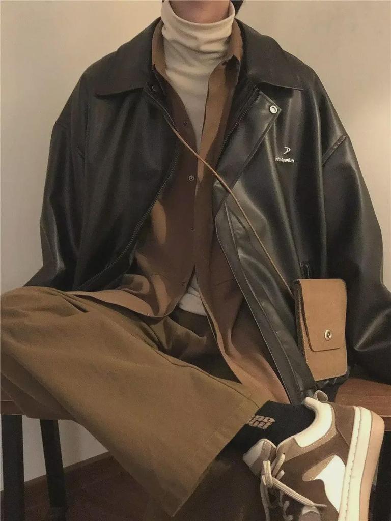 Men's Black Leather Motorcycle Jacket, Slim Fit, 2023 Spring Korean Style Trendy Coat
