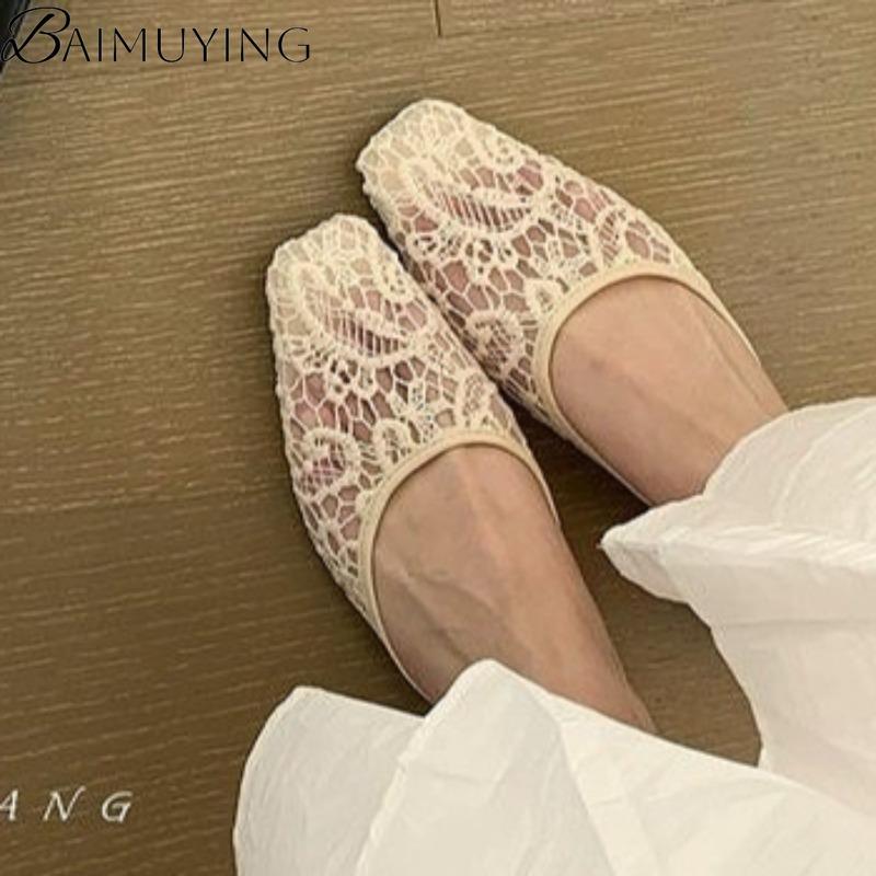 Mesh Hollow Slippers Women Heeled Sandals Square Toe Lace Shoes Casual 2025 Trend Chunky Mules Summer Dress Woman Comfort Slides