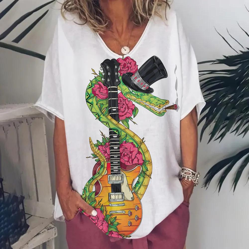 Ρούχα Γυναικεία με Λαιμόκοψη V Oversized Ρούχα Γυναικεία Κοντομάνικα Καλοκαίρι Ρετρό Μπλουζάκι Μόδες Βιολιά Μπλουζάκι με Εκτύπωση Streetwear