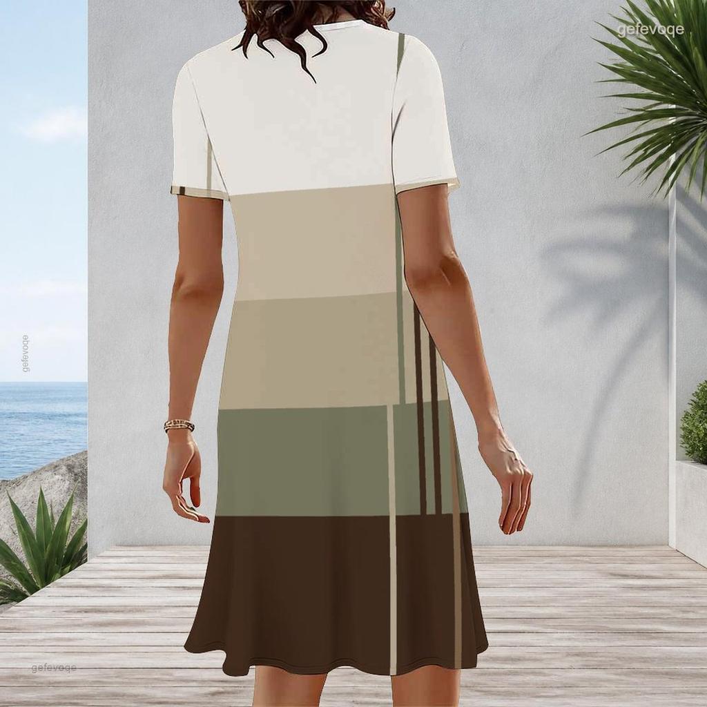 Women Plus Size Round Neck Short Sleeve Geometric Printed A Line Dress
