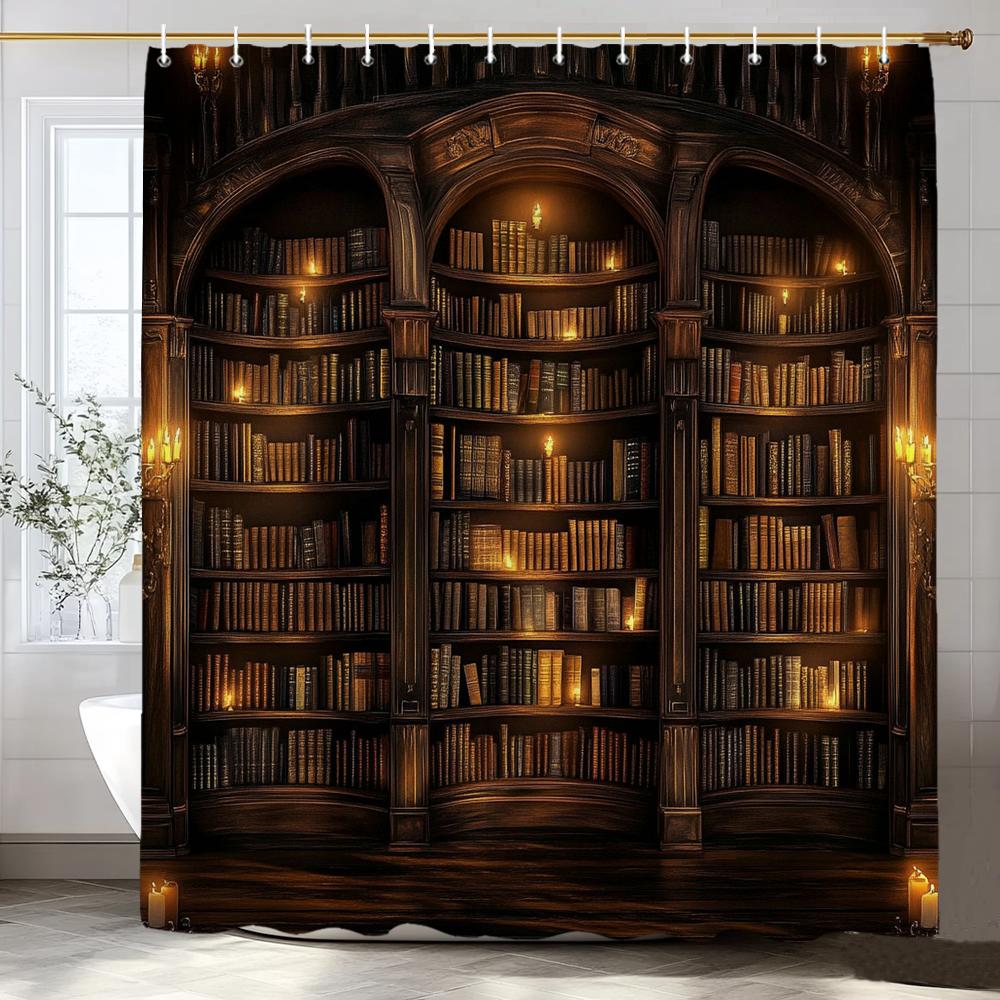1pc Vintage Library Shower Curtain Old Book Bookshelf Candles Home Polyester Fabric Bathroom Decorative Home Curtain With Hooks