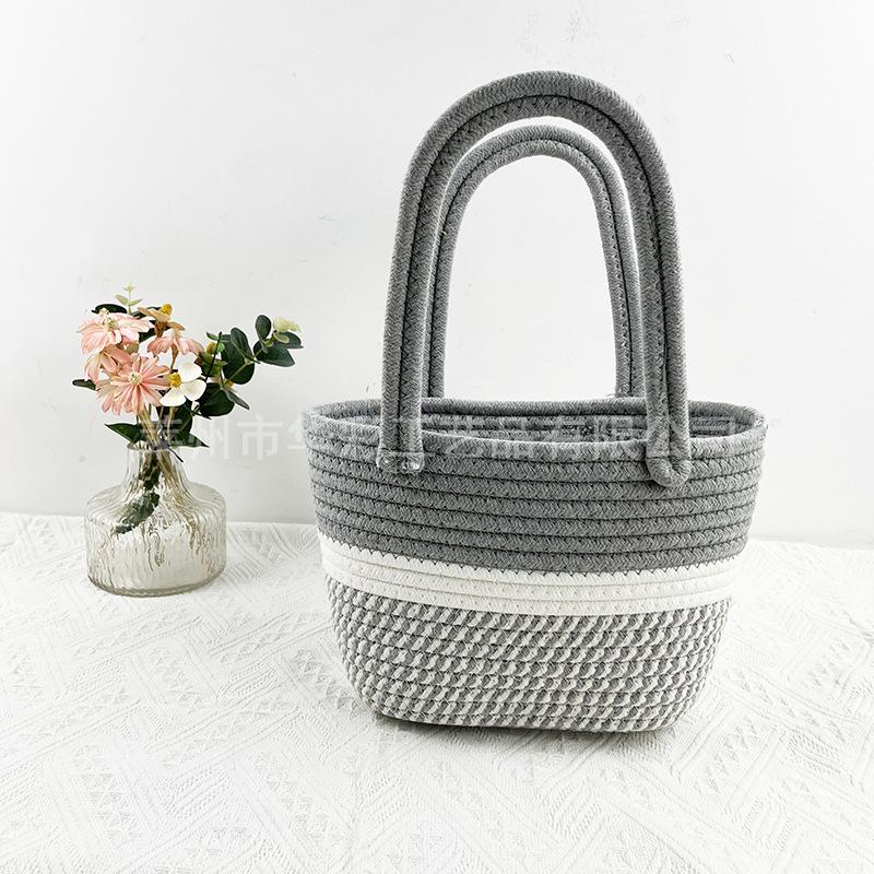 Retro Khaki Color Matching Portable Cotton Thread Bag Girl Versatile Portable Women's Bag Cotton Rope Woven Bag