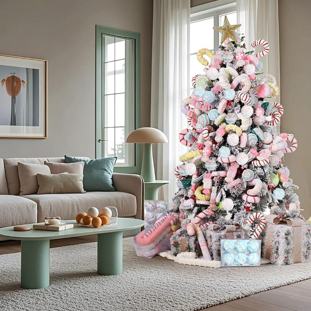 Festive Christmas Tree Ball Ornament Set 236 Inch 12 Pieces Macaron Painted Foam Balls with Glitter for Seasonal Use