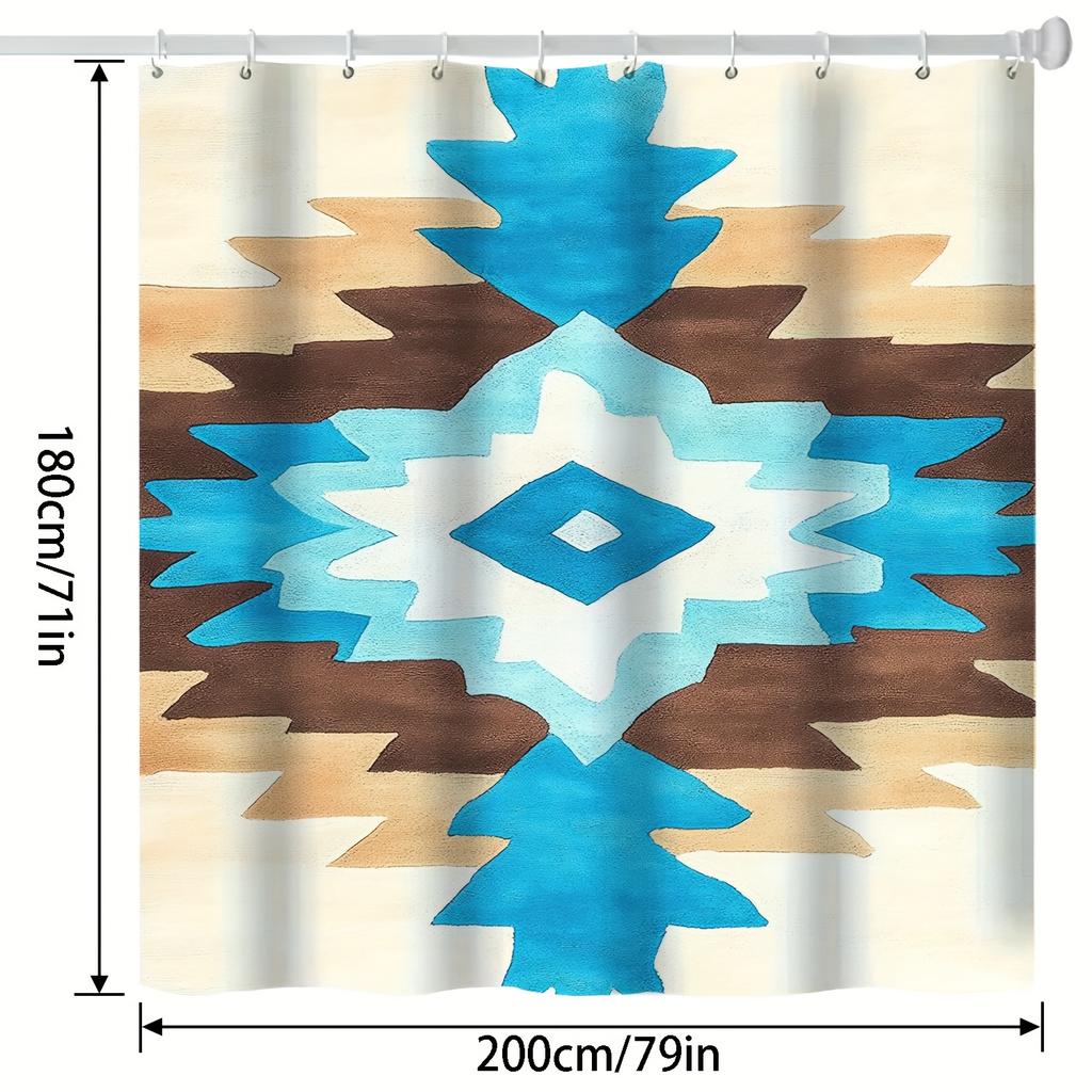 Aztec Geometric Shower Curtain - Blue & Brown Pattern, Polyester, Washable, Hooked, Southwestern Bath Decor