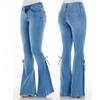 Vintage Women's Flare Jeans with Bow Tie Waist, Mid-Rise Wide Leg Stretch Denim Pants, 70s Retro High Waist Bell Bottom Trousers
