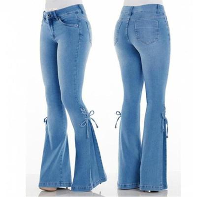 Vintage Women's Flare Jeans with Bow Tie Waist, Mid-Rise Wide Leg Stretch Denim Pants, 70s Retro High Waist Bell Bottom Trousers