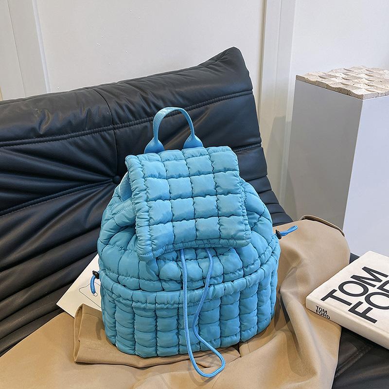 Niche casual simple design women's summer wind backpack pleated cloud fashion down cotton plaid drawstring backpack