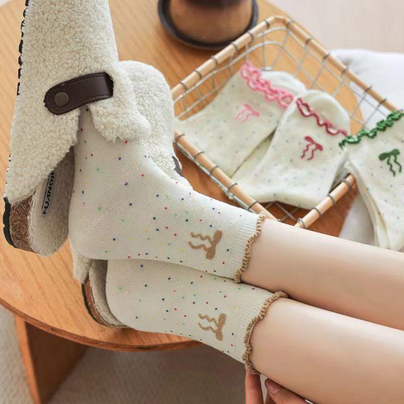 5 Pairs of Lace Mid-calf Socks for Girls In Spring and Summer, Fashionable Bow Tie Stockings, Simple and Sweet, and Student Stack Socks