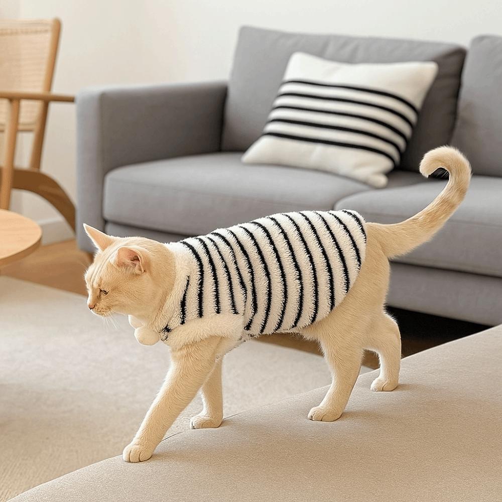 Cute Warm Winter Pet Sweater Thickened Fleece Cat Sleeveless Coat Soft Comfortable Cat Striped Vest Indoor