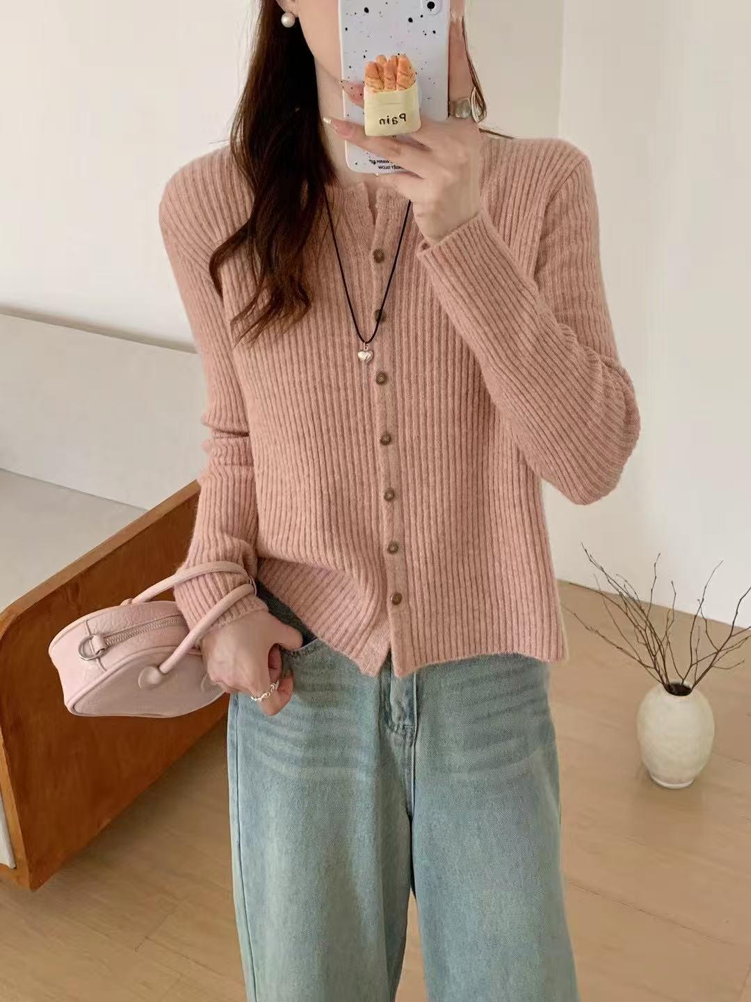 

Корейский нежный стиль, женский приталенный кардиган, мягкий вязаный трикотаж для осени/зимы 2025 One Size [80-125 cm] розовый